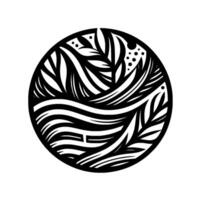 A stylized black and white circular featuring abstract leaves and wavy lines, set against a white background. vector