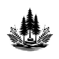 Simplified Black and White Forest Silhouette with Evergreen Trees, Flora, and Minimalist Aesthetic, Ideal for Decorative Designs. vector
