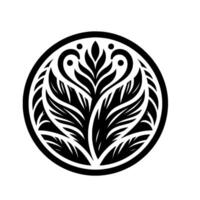 Symmetric Black and White Floral Mandalalike with Ornate Leaves and Circular Border on a White Background. vector