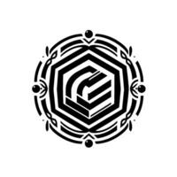 Intricate Geometric Black and White Emblem Hexagonal Core, Circular Frame, Ornate Decorative Elements, Symmetrical on White Background. vector