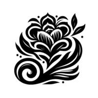 A stylized, symmetrical floral in bold black against a stark white background, featuring swirling shapes, leaves, and dots. vector