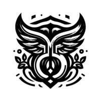 Abstract black and white emblem of stylized wings and a central circular element with floral accents, conveying a sense of balance and harmony. vector
