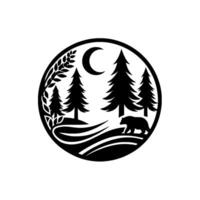 Stylized Black and White Circular Landscape of a Bear Under Moonlit Pine Trees on Rolling Hills. vector