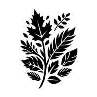 Stylized Black and White Botanical Illustration A Diverse Collection of Leaves, Branches, and Ferns in a Symmetric Floral Arrangement on a Plain White Background vector