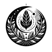 A symmetrical black and white botanical emblem features a central leaf framed by crescent moon, stars, and stylized foliage, evoking a sense of nature and celestial harmony. vector