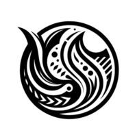 A symmetrical black and white circular , with flowing lines, dots, and arrowlike shapes, resembling a tribal or ornamental emblem on a stark white background. vector