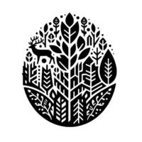 Stylized Black White Illustration Deer in a Forest Within an Oval, Minimalist Geometric Composition with Trees, Leaves, and Foliage. vector