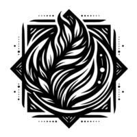 A symmetrical black and white stylized illustration featuring an organic leaflike element centered within a geometric frame, evoking nature and . vector