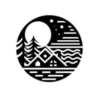Stylized Black and White Illustration of a Lakeside Cabin Under a Full Moon and Stars Within a Circular Frame. vector