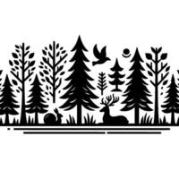 Silhouette forest scene with deer, bird, rabbit, trees, sun, and foliage, black on white, minimalist . vector