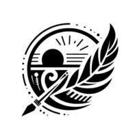 Stylized Black and White Illustration of a Feather Pen, Set within a Circle, with Sunrise Element. vector