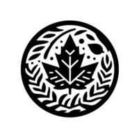 Black and White Circular Featuring a Maple Leaf Surrounded by Foliage and Dots, in a Minimalist Style. vector