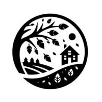 Stylized Black and White Round Illustration A Peaceful Scene of a House, Tree, and Forest Inside a Circle. vector