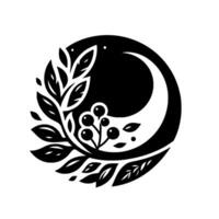 Black and white circular botanical illustration combining a crescent moon, foliage, and berries, creating a harmonious natureinspired . vector