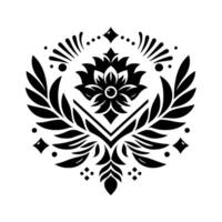 Symmetrical Black and White Floral Ornament with Diamond, Dot, and Leaf Motifs, on a White Background. vector