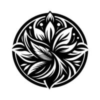 Intricate black and white floral within a circle, showcasing stylized leaves and symmetry, suggesting a or emblem. vector