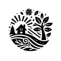 A monochromatic emblem depicting a serene landscape with a stylized house, tree, sun, and flowing water, symbolizing natures harmony. vector