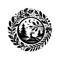 Silhouette of a deer leaping in a forest, surrounded by a floral wreath, under a night sky with a crescent moon and stars, black and white illustration. vector