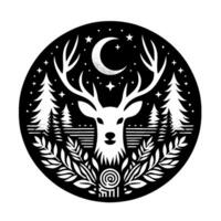 Black and white circular illustration featuring a majestic deer with antlers, encircled by trees, foliage, stars, and a crescent moon, evoking a serene, magical, and nocturnal atmosphere. vector