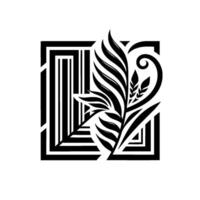 Geometric Black and White Botanical Illustration a stylized plant with intricate leaf and floral details within a square architectural frame. vector