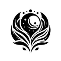 Celestial Bloom Black and White Floral Crescent with Stars and Celestial Dots on White Background. vector