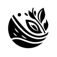 Modern minimalist a black and white circular emblem featuring stylized leaves, flowing lines, and dot. vector