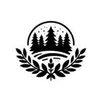 Stylized black and white circular emblem featuring a silhouette of a forest scene, framed by laurel branches on a white background. vector