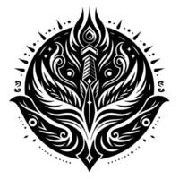 Ornate black and white emblem featuring a stylized sword, surrounded by swirling patterns, flames, and circular geometric borders. vector
