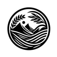 Black and white circular depicting stylized mountains, sun, wheat, and water waves, embodying natures balance. vector