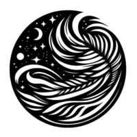 Black and white circular illustration stylized palm frond and celestial elements, including stars, crescent moon, and a planet. vector