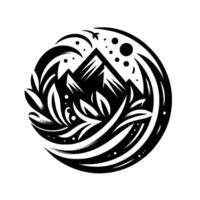 A stylized black and white circular illustration depicting snowcapped mountains surrounded by natures elements, including leaves, waves, and celestial bodies. vector