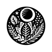 Black and white circular featuring stylized leaves, plants, a crescent moon, and a star, evoking nature and simplicity. vector
