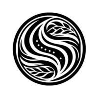 Circular black and white decorative emblem featuring flowing lines, leaf motifs, and dot accents, symbolizing balance. vector
