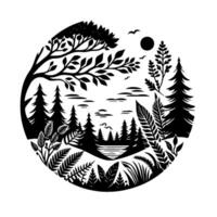Silhouette of Forest Landscape, Sun, Birds, and Trees Within a Circular Frame, in a Black and White Composition. vector