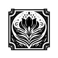 Symmetrical Black and White Floral Pattern within Square Frame, Ornamental with Intricate Leaf Detailing, Dot Accents. vector