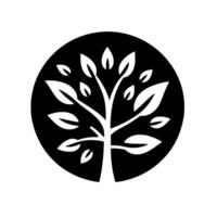 Black and white minimalist emblem of a stylized tree with leaves contained within a circular background. vector