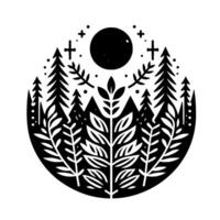 Stylized Forest Silhouette Moon, Stars, and Coniferous Trees within a Circular Frame, Emphasizing Natures Calm, Minimalist Aesthetics. vector