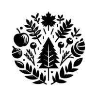 Circular minimalist forest composition with a central pine tree, surrounded by leaves, fruits, and nuts in black and white. vector
