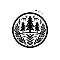 Minimalist Circular Emblem Black and White Forest Scene with Deer, Pine Trees, and Birds, NatureInspired . vector