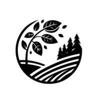 A stylized, black and white circular depicting a tree, field, and forest in a minimalist, natural theme. vector