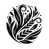 Circular Monochrome Composition of Stylized Plant Forms and Decorative Elements on White Background. vector