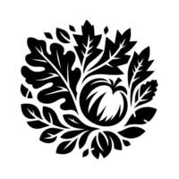 Stylized Black and White Floral , Centering a Pumpkin Surrounded by Leaves in a Circular Arrangement vector