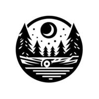 Silhouette illustration of a serene forest scene, showcasing a crescent moon, stars, pine trees reflected on a lake, all contained within a black circular frame. vector
