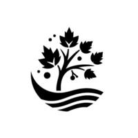 Abstract Black and White Featuring a Stylized Tree with Leaves and Berries, Enclosed within a Curved Landscape Element. vector