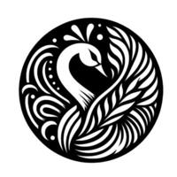 Black white stylized illustration of a swan within a circle, composed of swirling patterns, with intricate details. vector