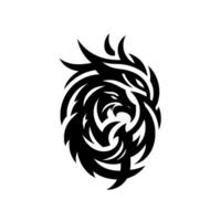 Black and White Dragon Emblem in a Swirling, Organic Shape with Sharp Points Against a Pure White Background. vector