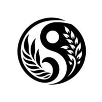 Yin Yang symbol incorporating stylized leaves, rendered in bold black and white within a circular frame, evoking balance and natures essence. vector