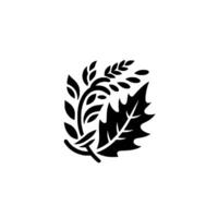 Abstract, symmetrical black and white illustration of wheat, leafy branch, and oak leaf forming a decorative emblem on white. vector