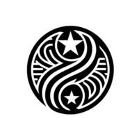 Black and white symmetrical circular emblem featuring a stylized yinyang with two stars incorporated within the flowing, organic patterns, on white. vector