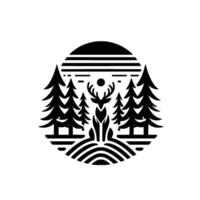 Black and White Minimalist Silhouette of a Deer in a Forest Circle with trees, sun, and decorative elements. vector